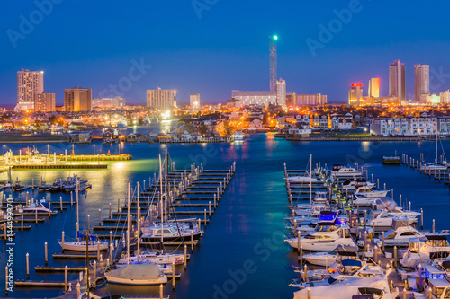 View of the Farley State Marina and skyline at night, in Atlantic City, New Jersey.