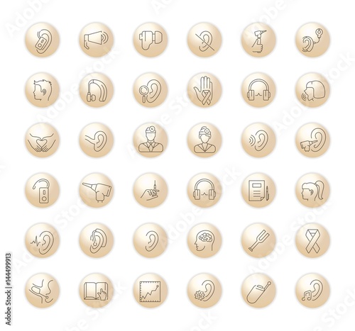 Vector graphic set. Icons in flat, contour,thin, minimal and linear design.Hearing loss. People with disabilities. Simple isolated icons.Concept of web site and app.Sign,symbol, elements.