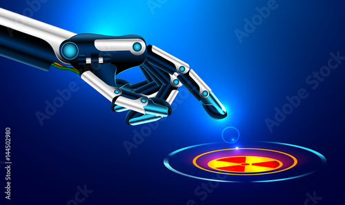 the robot arm presses the index finger on the button with the icon of the nuclear danger
