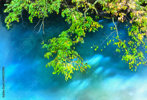Colorful painting of birch tree branches