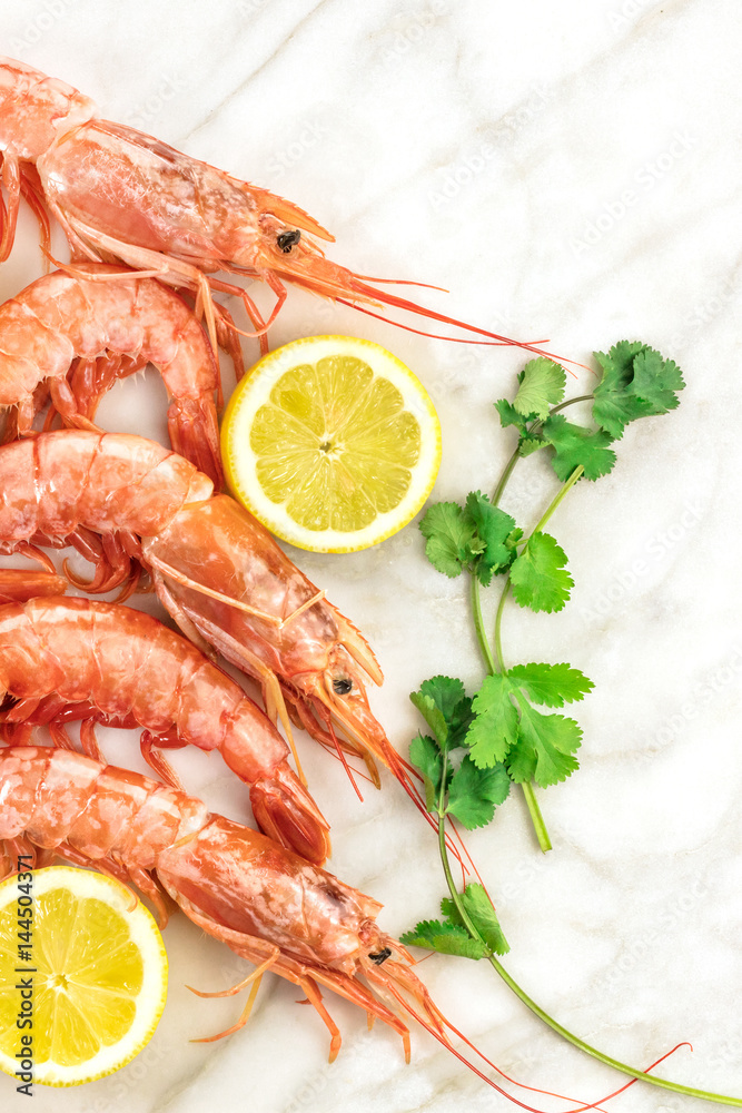 Raw shrimps with slices of lemon, cilantro, and copyspace Raw shrimps with slices of lemon, cilantro, and copyspace