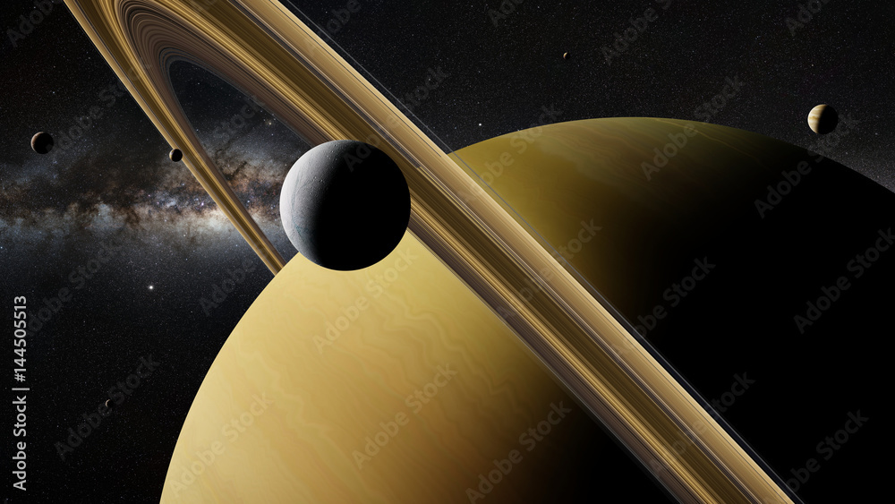 Fototapeta premium Saturn moon Enceladus in front of planet Saturn, rings, other moons and the Milky Way galaxy