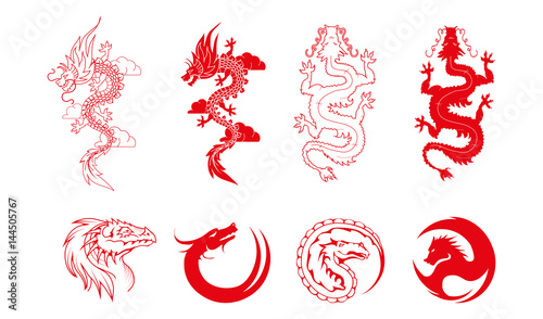 Fototapeta Naklejka Na Ścianę i Meble -  Vector set of red dragons and dragon logo Isolated on white background
