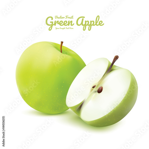 Green apple and half isolated. fruits vector illustration. Modern style realistic