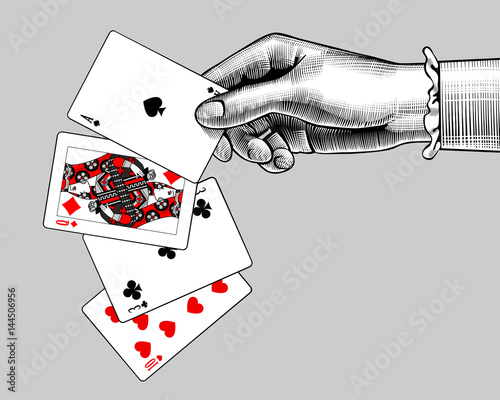 Woman's hand with playing cards fan. Vintage engraving stylized drawing
