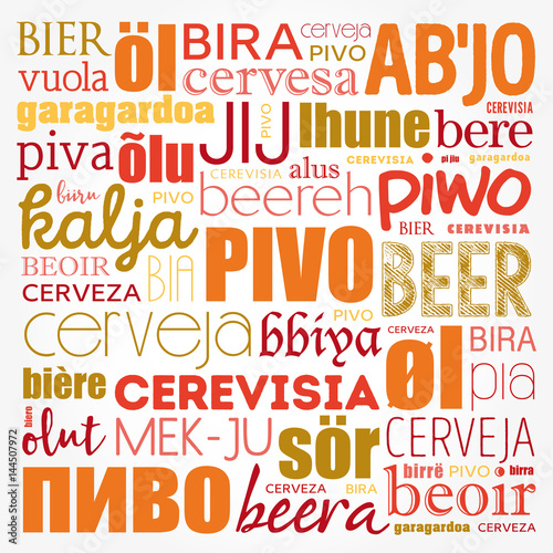 BEER in different languages of the world (english, french, german, etc) Word Cloud collage, multilingual background