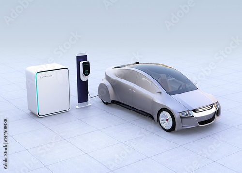 Electric vehicle, charging station and battery unit on gradient background. 3D rendering image.