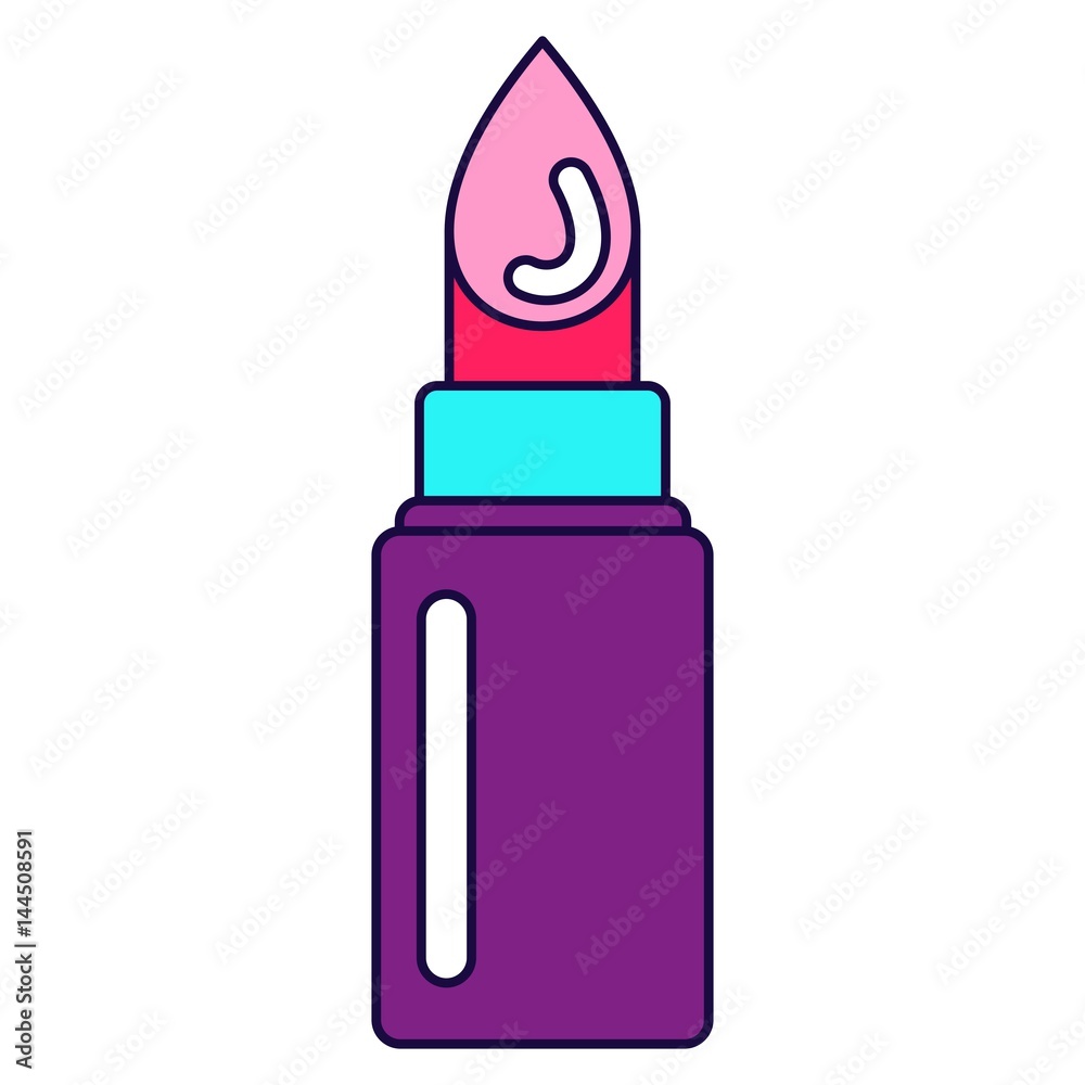 Bright lines lipstick icon. Fashion patch, pin badges set inspried by 80s - 90s comic style. Flat vector cartoon illustration. Objects isolated on a white background. Bright lines lipstick icon. Fashion patch, pin badges set inspried by 80s - 90s comic style. Flat vector cartoon illustration. Objects isolated on a white background.