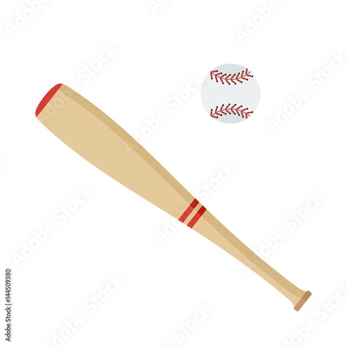 Baseball bat and ball. Flat vector cartoon illustration. Objects isolated on a white background.
