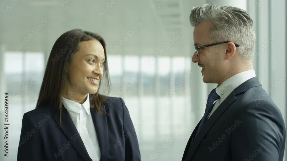Attractive mixed ethnicity business team talking in large modern office Attractive mixed ethnicity business team talking in large modern office
