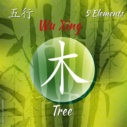 Five Feng Shui Elements Set - Chinese Wu Xing symbols. Translation of chinese hieroglyphs- wood, fire, earth, metal, water.