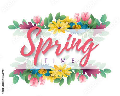 Inscription Spring Time on background with spring flowers photo