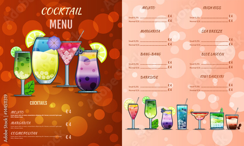 Cocktail menu design template.Cocktail list cover illustration. Vector graphic. Drinks menu.