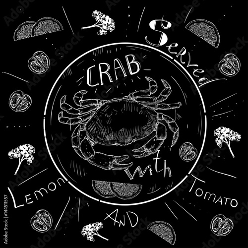 Lettering crab menu, fresh crab, seafood, menu, seafood restaurant, hand drawn with brush pen. photo