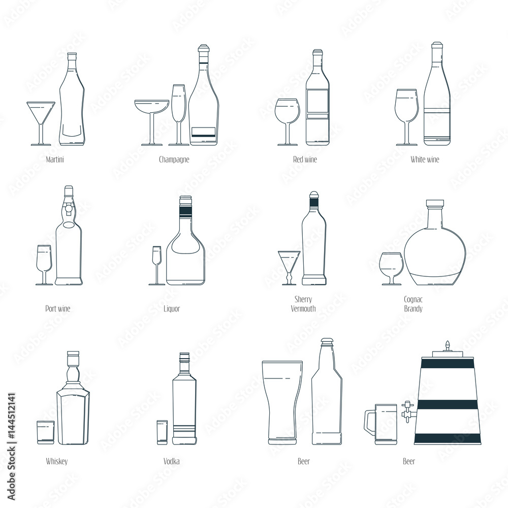 Vector illustration of a set of alcoholic drinks in bottles and wine glasses on a white background. Line art. Vector illustration of a set of alcoholic drinks in bottles and wine glasses on a white background. Line art.