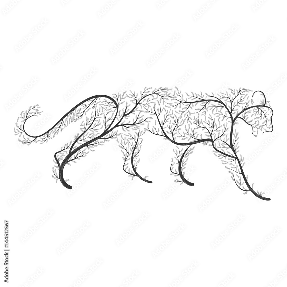 Naklejka premium Big wild cat stylized by bushes for use as logos on cards, in printing, posters, invitations, web design and other purposes.