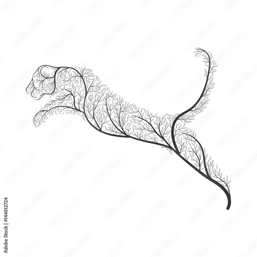 Fototapeta premium Big wild cat stylized by bushes for use as logos on cards, in printing, posters, invitations, web design and other purposes.