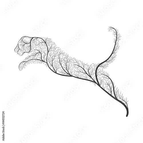 Fototapeta Naklejka Na Ścianę i Meble -  Big wild cat stylized by bushes  for use as logos on cards, in printing, posters, invitations, web design and other purposes.
