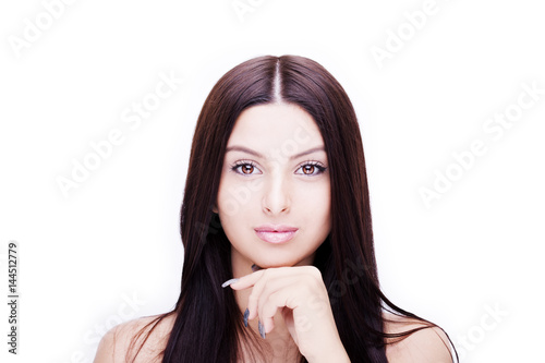 Beautiful woman face close up studio on white background