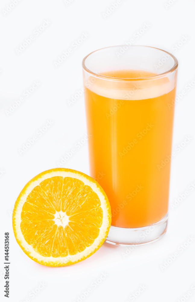 Orange juice. Isolated drink. A glass of orange juice and pieces of orange fruit isolated on white background. Citrus. Diet. Vitamins. Healthy food. Orange juice. Isolated drink. A glass of orange juice and pieces of orange fruit isolated on white background. Citrus. Diet. Vitamins. Healthy food.