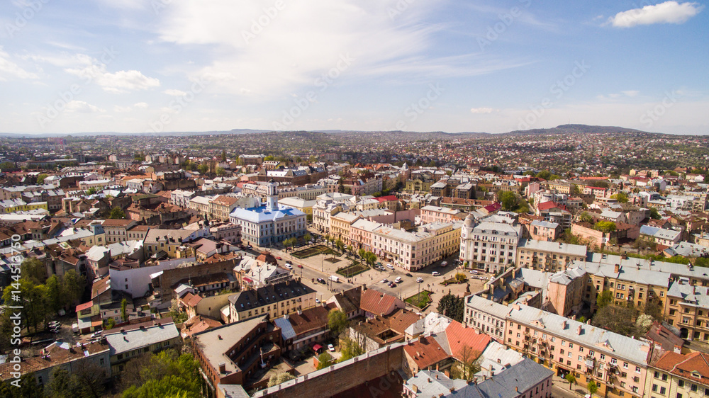 Chernivtsi old city from above Western Ukraine. Sunny day of the city.