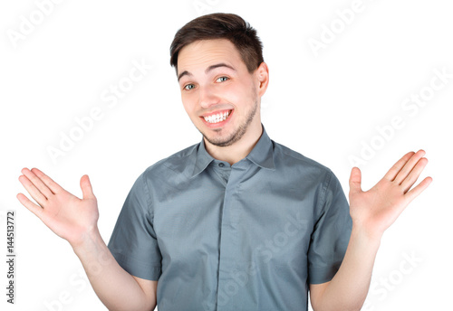 Casually handsome. Confident young handsome man while standing against white background. Happy Young Man Isolated Background. A portrait of a young man smile brightly. Happy man on a white background.