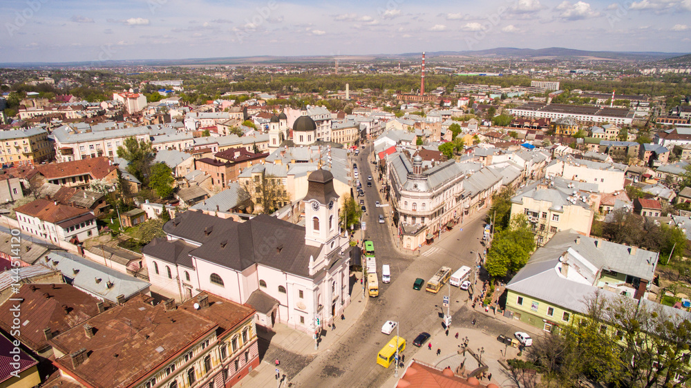 Chernivtsi old city from above Western Ukraine. Sunny day of the city.