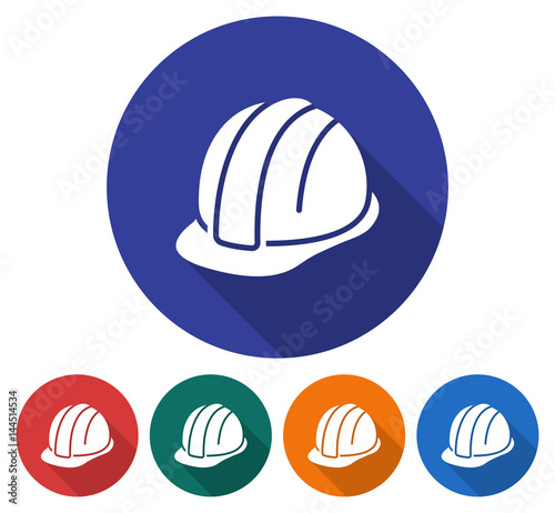 Round icon of construction safety helmet. Flat style illustration with long shadow in five variants background color