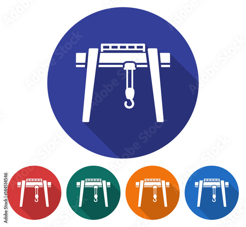 Round icon of gantry crane. Flat style illustration with long shadow in five variants background color