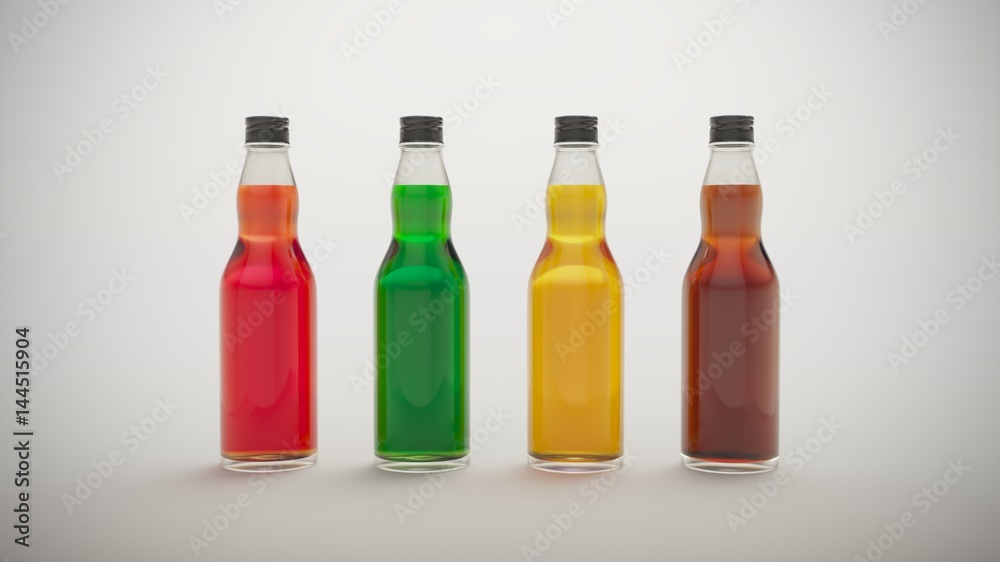 Four different colored bottles without stickers Four different colored bottles without stickers