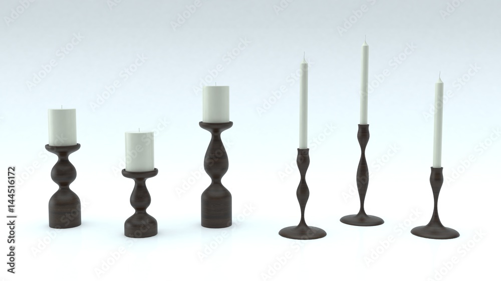Different candles on white background