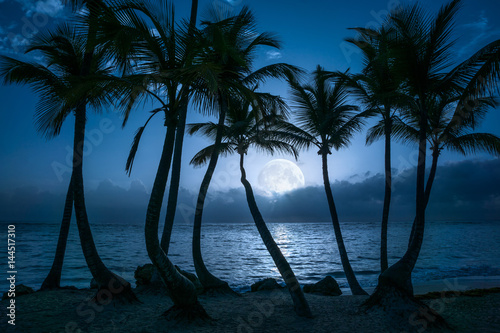Beautiful full moon reflected on the calm water of a tropical beach
