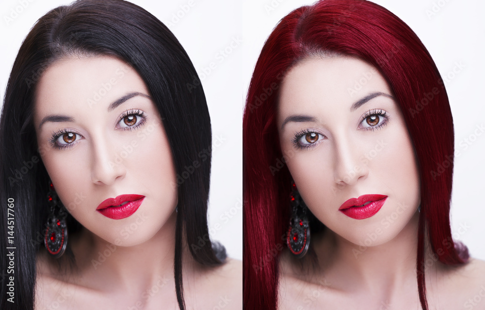 Comparative portrait of woman before and after dyeing hairs isolated on white Comparative portrait of woman before and after dyeing hairs isolated on white