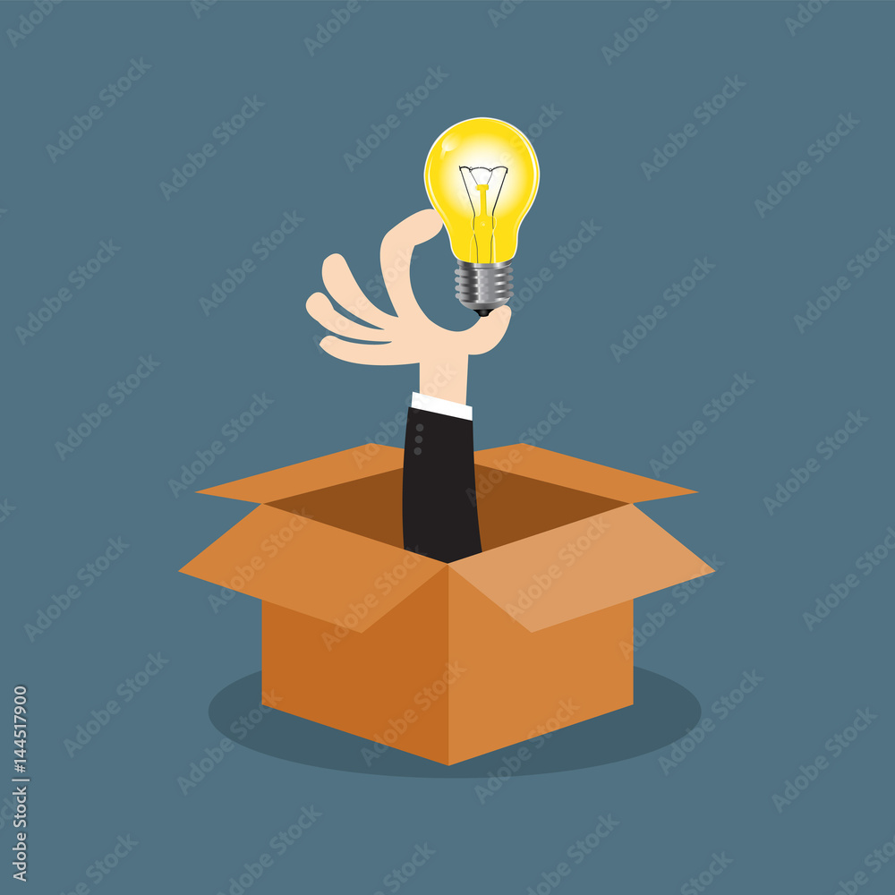 Hand holding light bulb in box. (Thinking Concept) Vector illustration business cartoon concept. Hand holding light bulb in box. (Thinking Concept) Vector illustration business cartoon concept.