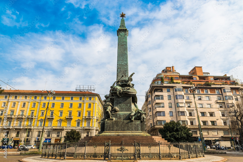 Fototapeta premium Milan, Italy. Obelisk on the square five days (cinque giornate), inaugurated in 1895, in memory of the uprising called
