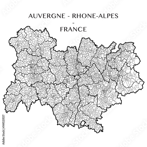 Detailed map of the region of Auvergne Rhone Alpes  France including all the administrative subdivisions  departments  arrondissements  cantons  and municipalities . Vector illustration