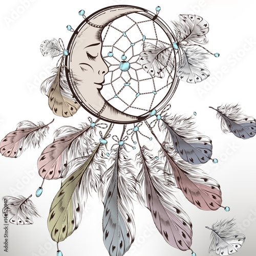 Boho tribal fashion illustration with dreamcatcher and feathers