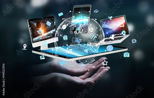 Businesswoman connecting tech devices to each other 3D rendering