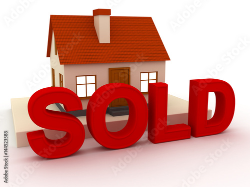 Fotografie 3d illustration. small house with a red roof and inscription sold
