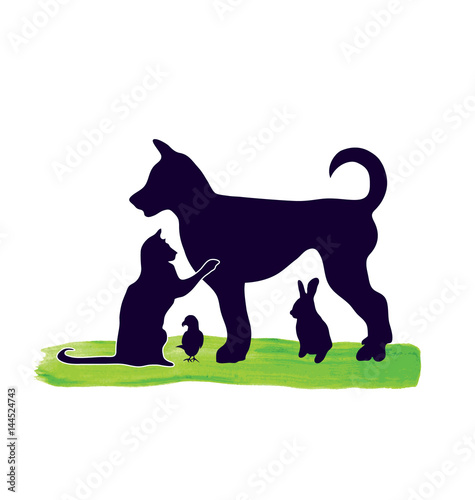 Pets dog cat rabbit and parrot silhouettes logo