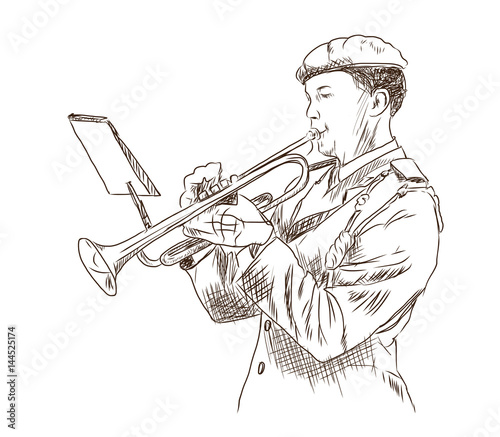 Hand drawn sketch of person playing trumpet in vector illustration.