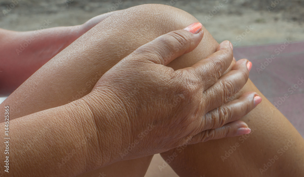 old woman injured leg with calf feeling pain . old woman injured leg with calf feeling pain .
