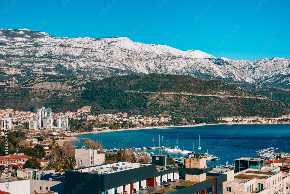 Snow-covered mountains of Budva in Montenegro, Adriatic sea