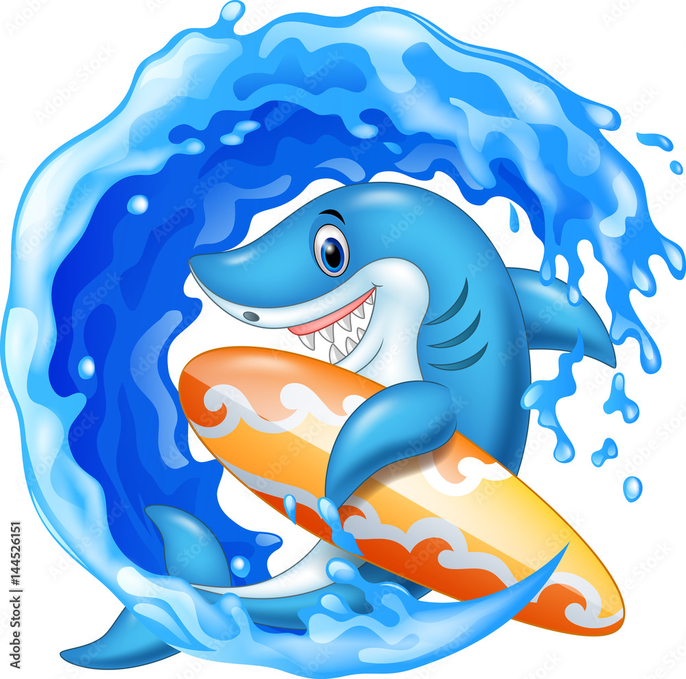 Obraz premium Cartoon shark holding surfboard in the ocean