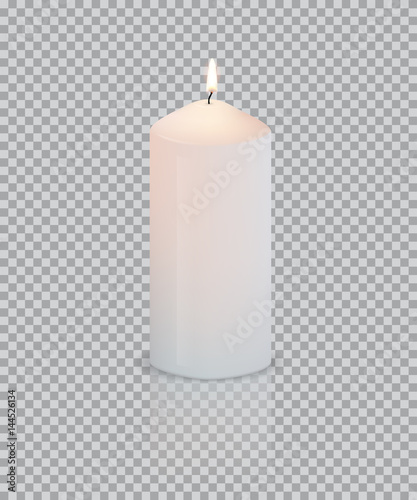 Realistic vector white candle with fire on transparent background.