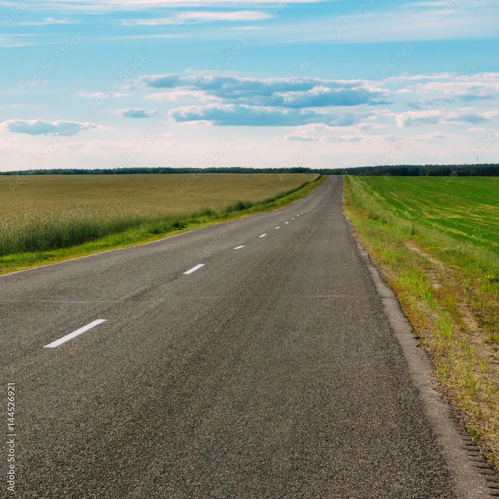 Landscape of wheat fields with asphalt highway