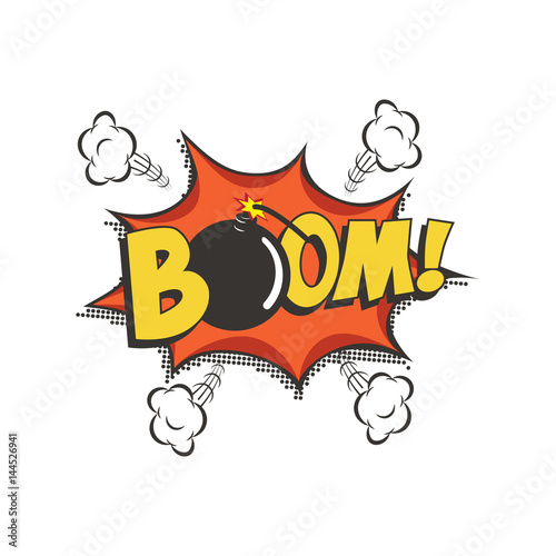 Boom comic text speech bubble with bomb. Vector isolated sound effect puff cloud icon.