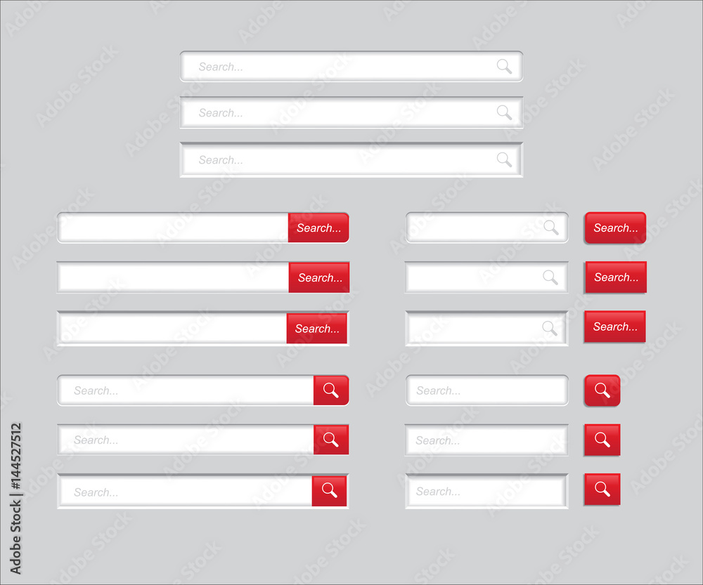 Set of Search bars isolated on grey background. Vector template for internet searching. Web-surfing interface with red buttons. Set of Search bars isolated on grey background. Vector template for internet searching. Web-surfing interface with red buttons.