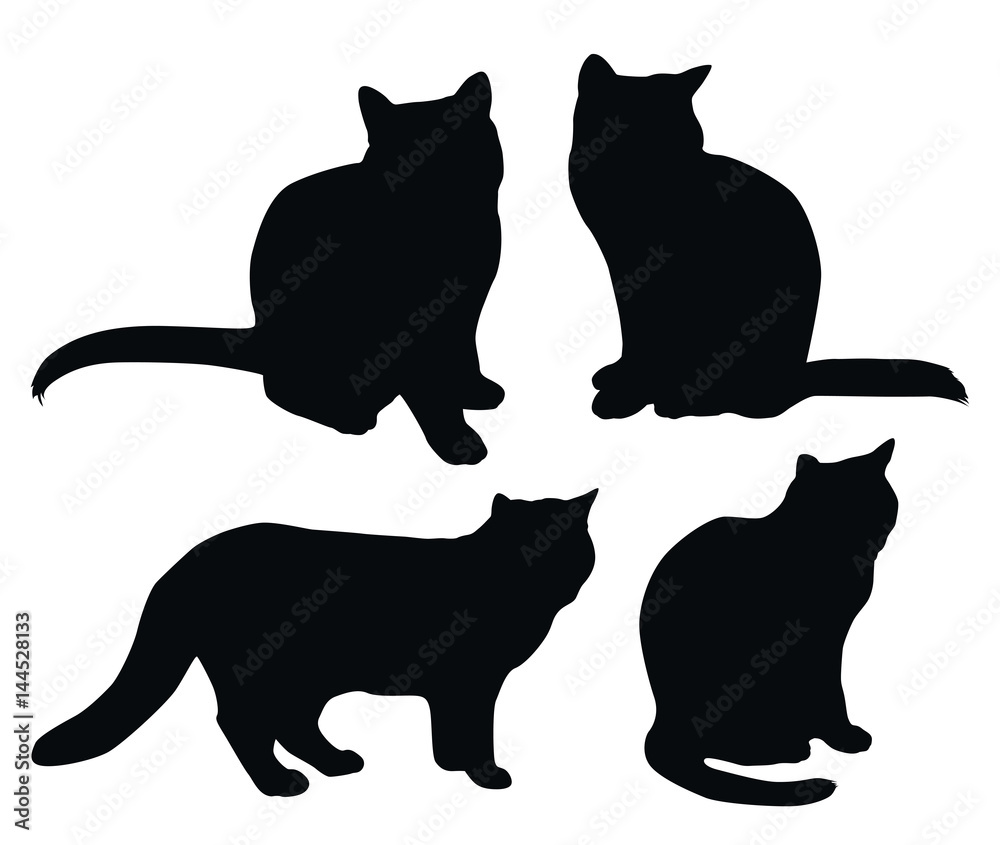 Set of four vector black cat silhouettes isolaed on white background
