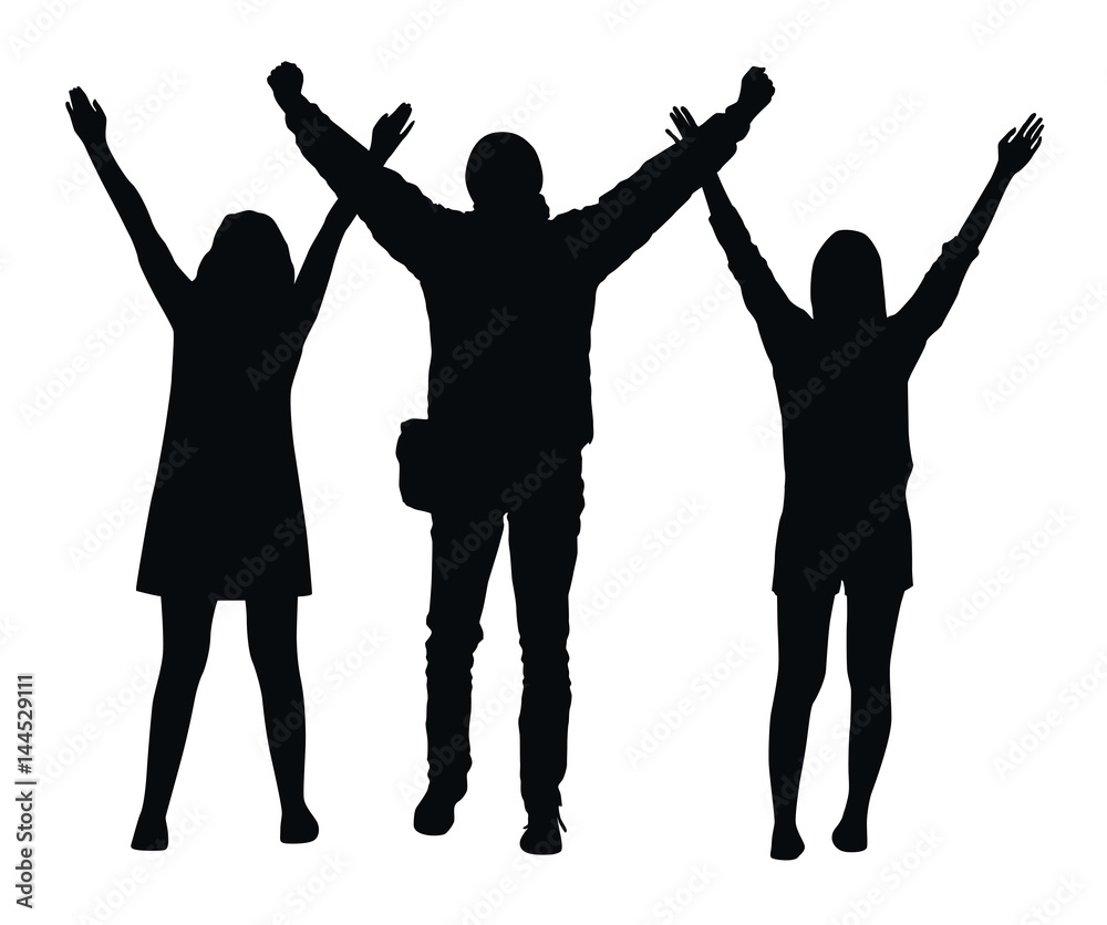 Black vector silhouettes of three people with raised hands in cheerful victorious gesture on white background